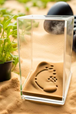 a close up imprint of a neat male foot print with 5 toes within sand,the sand is within a glass box which is filled half way with the sand, around the imprint are small weed plants, guitar plectrums,a.leather band with piece sign, green round sunglasses, on the corner of the glass box hangs a tasta beanie, on the outside on the glass is a metal nameplate with "Bob Marley" written on it