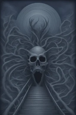 Metal song album cover called "a path to insanity" that should in a dark blue grey haze tone.