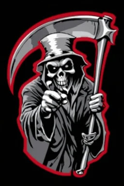 Grim-Reaper gripping scythe and pointing like uncle sam, vignette, black and white vector with a red outline, and black background, biker style