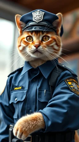 a cat wearing a whole police officer uniform , realistic , pro photography , high quality, and cinematic scene