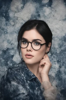 cross-eyed Lucy Hale Elvis Presley hybrid, , 4k UHD, photorealistic, ((big, full, plump, pouty lips:1.5)) black hair, big cat-eye eyeglasses, dark blue foggy gradated marble wall background