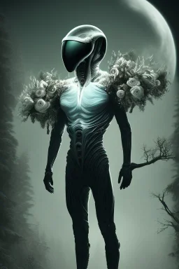 running alien portrait , black jogging suite , in the night Alps , holding leaves and flowers , angels background, volumetric light, high detail, dark leaf tree, dark mountains in background, perfect, HR Giger style