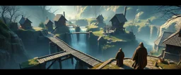 winding bridges in game waterfall and mill labyrinth landscape with houses and fog of war with volumetric light, monks looking up at camera