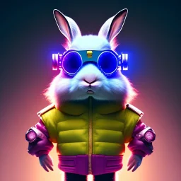 pixar style anamorphic cute rabbit baby, smiling, cyberpunk sunglass, gangsta gold neckless, full body, magenta puffer jacket, manila city backdrop, dramatic lighting, hyper realistic, unreal engine 5, 16k