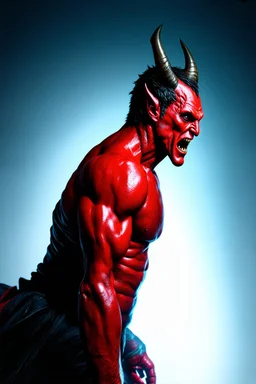Realistic devil leaning forward at an angle facing left, posed as if over a shoulder, red skin, horror style, no other person.