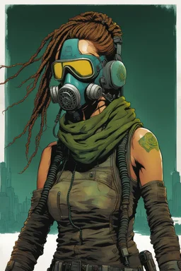 front facing full length portrait illustration of a grunge armored female with beaded dreadlock hair cyberpunk vampire mercenary with gas mask, telecommunications headset, and shemagh, highly detailed with gritty post apocalyptic textures, toxic irradiated landscape, finely detailed facial features and hair, in the graphic novel style of Bill Sienkiewicz, and Jean Giraud Moebius