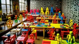 A factory filled with toys and instruments painted by Keith Haring