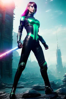 Futuristic warrior, physically fit, latex and leather attire, green hair, blue eyes, intricate eyeliner, vibrant eyeshadow, clear completion, soft lighting, 4k resolution, intricate details, insanely detailed, colorful cityscape background, masterpiece, expert, cinematic smooth, retroanime style, realistic details, no helmet
