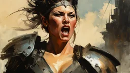 portrait of a Woman Warrior, angry, screaming, hand Fist :: Robert McGinnis + Jeremy Mann + Karn Griffiths, clear contours, clear lines, detail, fine rendering, high resolution, 64K, photorealism, precise focus,