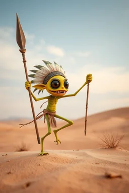 a funny crazy maniac little creature that dance in a desert, the creature is yellow and green, have big eyes and long legs, he likes to dance and jump with his spear, he ls little evil and likes to scream "Musta", and have a big mouth sharp teeth, small penis, tribal look, head dress with feathers