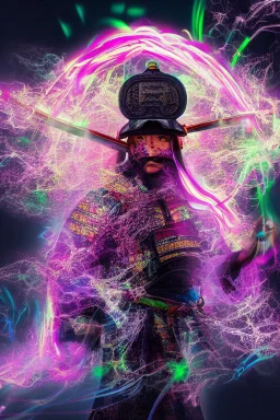 Mystical samurai emitting an aura with a long, neon sword emitting an aura