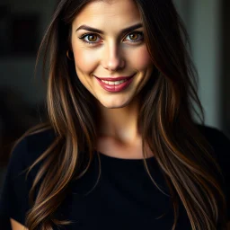 portrait of a Woman 35 high cheekbones, long brown hair large horizontal wide oval brown eyes, wearing a black t-shirt with plunging neckline line smiling mischievously , Close-up portrait, color portrait, Linkedin profile picture, professional portrait photography by Martin Schoeller, by Mark Mann, by Steve McCurry, bokeh, studio lighting, canon lens, shot on dslr, 64 megapixels, sharp focus
