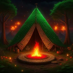 Camp fire, Rainy Night, highly detailed with lush forests, green leafs, flowers, pagan temple with runes, high resolution, 24k, ornate, intricate, complex, digital painting, smooth