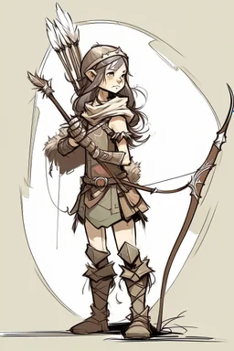 Girl Archer concept art, small head, full body, sketch, coll style, bow