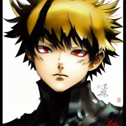 Detailed anime girl portrait of bakugo from my hero academia, gold hair and golden eyes, black suit, intricate details, full body portrait, keep head in frame, slight smile, black Japanese motif, concept art, highly detailed, digital painting, concept art, sharp focus, illustration, art by Yoji Shinkawa, WLOP and greg rutkowski and alphonse mucha and artgerm and yanjun Chen and Junji ito and Makoto Shinkai, HDR, octane render