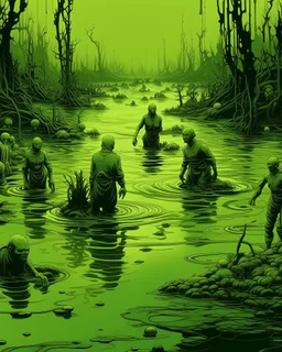 A light yellowish dark green swamp with bugs in daylight painted 3 people’s heads of humans coming out of the water