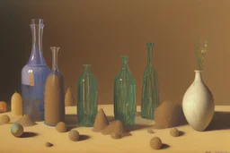 A still life with glass bottles and a glass vase in sand dunes by Giorgio Morandi