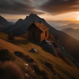 A hut on the mountainside at sunset