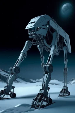 a mechanical walker with eight legs scaling a very steep snow covered side of mout everest at night, it has a smooth surface, it has storage pods on its belly human can fit in the pods