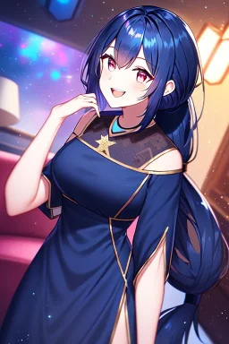 girl, masterpiece, best quality, cinematic lighting, detailed outfit, vibrant colors, perfect eyes, dark blue hair, pink eyes, long hair, low ponytail, dark blue dress, sparkle, depth of field, indoors, god rays, glowing light, ray tracing, laughing,