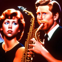 eyes closed REd-haired ron howard as richie from happy days Is playing the Alto saxophone with his "eyes closed", rock band, looking at camera