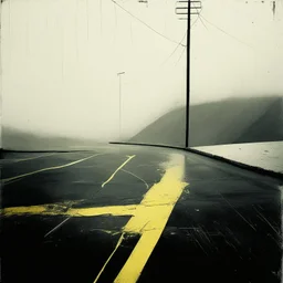 Minimal abstract oil paintings desolate 1960s carpark concrete fragments style of Justin Mortimer and Francis Bacon. Yellow lines.