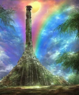 Seraphic angelic holy tower pagoda mothership starship photorealistic colorful rainbow sky massive tree canopy light beams birds flying futuristic rusty destroyed mechanical astral one ghosts poltergeist haunt mechwarrior transformer ninja samurai sword gundam alien abandoned wreckage in old battlefield blast crater on the lunar surface ancient pyramid temple urban ruins trees plants vines ferns palms