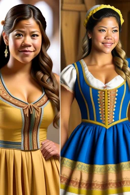 Gina Rodriguez fully transformed into a blonde german version of herself, dirndl attire. Head undergoes complete change, golden radiance, blue eyes, idealized Germanic allure emerges. Torso fully transformed, enhanced curves pronounced, dirndl-clad, embroidered details accentuating. Arms refine into a graceful embrace of tradition. Hips and thighs sculpted into an idealized silhouette. Legs elegantly elongate, carrying enchantment seamlessly. Feet undergo a subtle yet refined transformation.