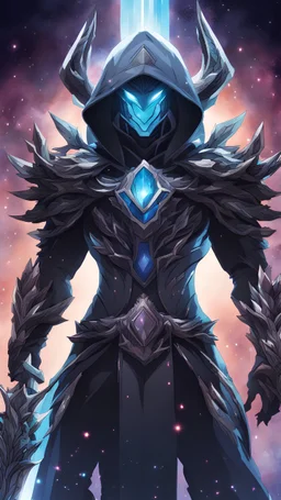 Huge Monster Multiarms, six arms, hoodie, cover face, crystal sword, crystals arm, galaxy face, solo leveling shadow artstyle , high details, intricate details, highly detailed