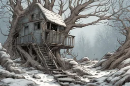 winter tree house , overgrown apocalyptic background, comic book,