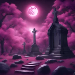 A realistic moon in a glowing dark pink forest, lightnings, a gravestone, chains