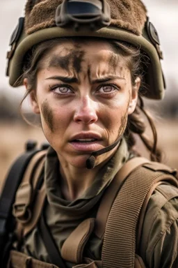 a beautiful American woman soldier with ferocious expression fighting in war field