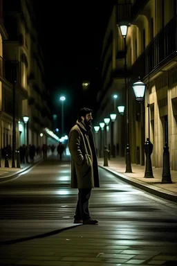 a sad man walks in Madrid night