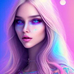 beautiful, soft, smiling face, whole head, long straight blonde hair blues eyes, crown on the head, clothing in transparent bluish and pink veil, background brillante bluish and pink, hight definition, 8K