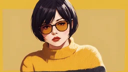 1girl, solo, short_hair, black_hair, upper_body, yellow_background, looking_at_viewer, sweater, sunglasses, turtleneck, parted_lips, bangs, glasses,flat art
