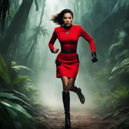 a woman Star Trek security officer with short red dress and dark high boots, she is running fast, to escape a monster. The monster looks like Cthulhu, in the wild jungle