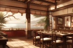 imagen realista, como fotografía de un restaurante mediterráneo costero que cuenta con una estética de arquitectura moderna, primando marones, blancos e iluminación natural, usando una paleta de colores principalmente moncromática de marrones claros, rojizos, oscuros y blancos, que se vea moderno y que tenga algunas decoraciones tradicionales japonesas como una delicada y no muy extensa pintura de un dragón en negro, dejando ver la costa por la ventana en un día soleado