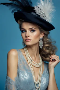 full body beautiful girl, elegant silver,lace clothes of the 80s, luxury style, small elegant hat with feather, hair of the 80s, pearl necklace, earrings masterful, beautiful face,blue backdrop