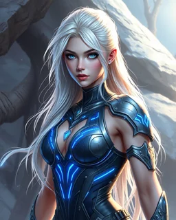 Aria Stormweaver - The Cyber-Fae Court Mage Heritage: Nordic-Celtic fusion with ethereal fae bloodline Profession: Royal Court Technomancer and Storm Controller Appearance: Platinum blonde hair with electric blue streaks that pulse with power, ice-blue cybernetic eyes, athletic build enhanced with silver bio-tech implants along arms Abilities: Weather manipulation through quantum processors, can interface with both ancient ley lines and modern tech networks Background: Former street hacker who d