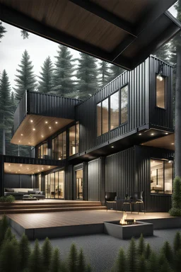 large house in the woods made from shipping containers, photorealistic