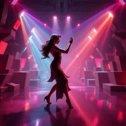 A breathtaking 3D animation of a passionate woman dancing a hot, energetic salsa. Her movements are fluid, expressive, and perfectly synchronized. Surrounding her is a futuristic, evolving stage filled with animating abstract 3D geometric structures that constantly morph, shift, and pulse to the rhythm. Dynamic, vibrant neon lights, colorful volumetric laser beams, and dramatic strobes sweep across the dark environment, casting beautiful shadows. Cinematic camera movement with smooth tracking sh