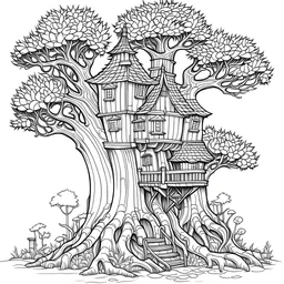 outline art for square twisted castle old oak tree coloring page for kids, classic manga style, anime style, realistic modern cartoon style, white background, sketch style, only use outline, clean line art, no shadows, clear and well outlined