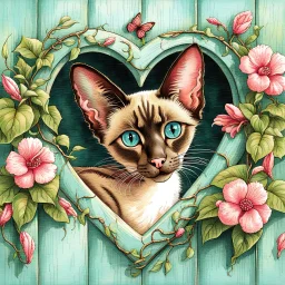 A chocolate point Oriental shorthair siamese kitten peeks out from a heart-shaped opening in a weathered turquoise door,surrounded by delicate pink flowers & green vines.The kitten's large,expressive eyes & soft fur create a charming & whimsical scene.realistic watercolor illustration vampiress, gothic attire, moonlit, alluring grin
