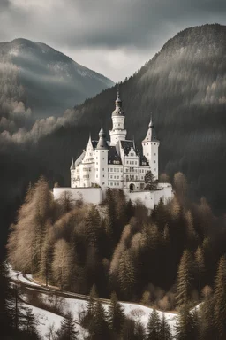 a white german castle high in the german mountains in a north european forest