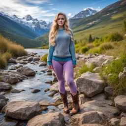 country side ,blue sky , mountains, pretty clouds ,small rocky river with clear water small rocks in floor,beautiful 18 year old girl with ash blonde hair and blue eyes with her curvy hair down, wearing a long-sleeved woollen top, and lilac long leggings, with long red boots full body standing pose shot