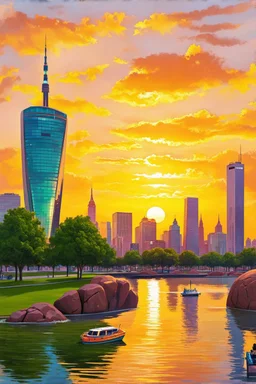 Amazing colorful sunset, buildings, lake, rock, city, park, cyberpunk, sci-fi, photography