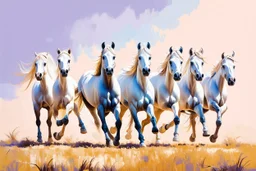 Oil on canvas portrait of seven majestic white horses galloping in a vast, open landscape. They go at full speed, their manes blowing in the breeze. The soft gradient background of pastel pinks and purples creates a serene and dreamy atmosphere. Clear summer weather. The overall effect is one of movement and freedom, capturing the boundless spirit of horses.