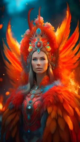 half body wide angle RAW photo, fire queen queen wearing luxurious and ornate clothing, fully covered, opals and floral embellishments, fractal wing texture, winter landscape in the background, beautiful face, high detailed skin, phoenix, fire, 8k uhd, dslr, soft lighting, high quality, film grain