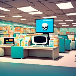 Unsettling office, skull, signs, empty, a computer is running, liminalcore, windows 95 logos, supermarket, children park