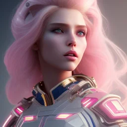 Portrait of cyber girl, long blond hair, pink lips, extremely sharp detail, finely tuned detail, ultra high definition, 8 k, unreal engine 5, ultra sharp focus, accurate sword wings, positive smile, highlight luminous suit blue and pink